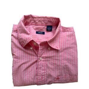 Izod Men’s Button Down Shirt L Pink White Stripe Cotton Long Sleeve Preppy
